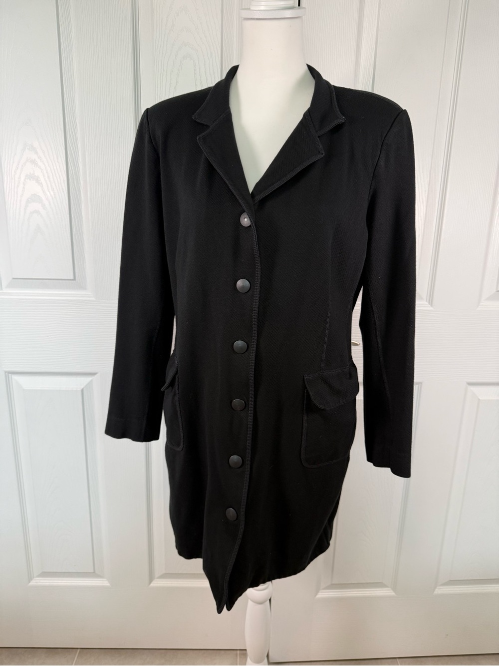 CAbi Black Long Button Front Jacket Notch Lapel Flap Pockets Preppy Blazer~M